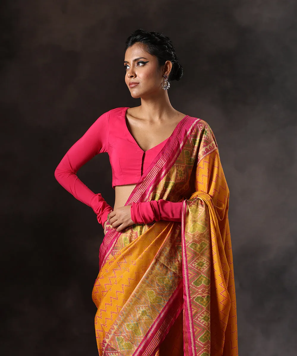 Handloom Mustard Pure Mulberry Silk Single Ikat Patola Saree With Hot Pink Tissue Border