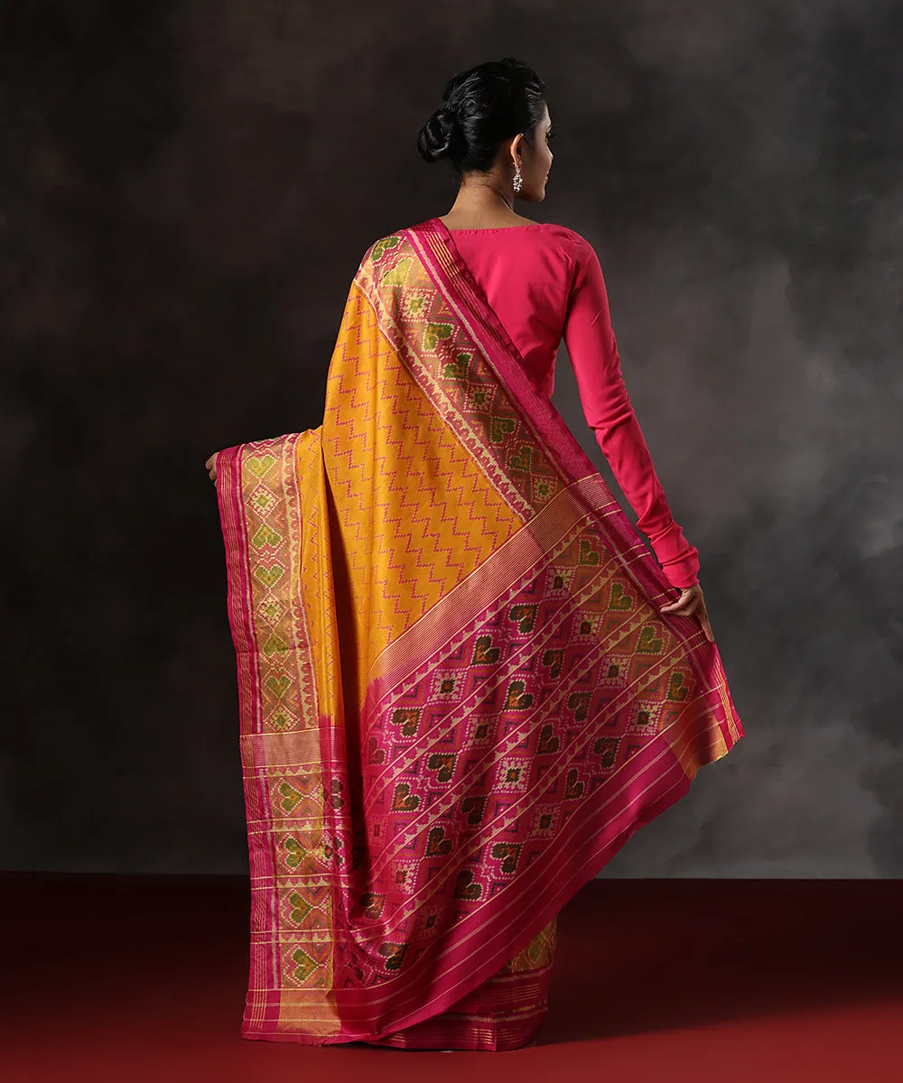 Handloom Mustard Pure Mulberry Silk Single Ikat Patola Saree With Hot Pink Tissue Border