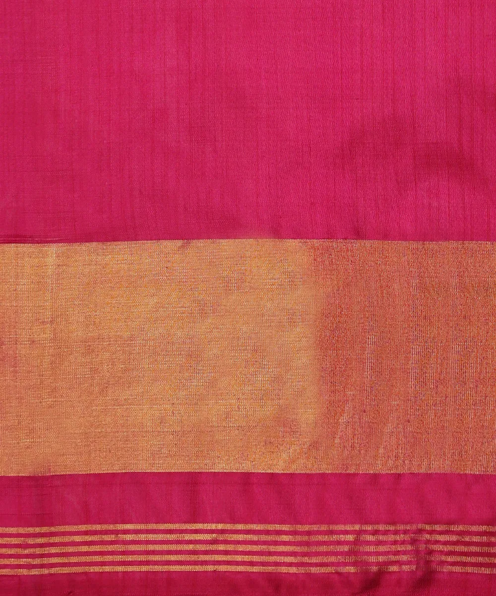 Handloom Mustard Pure Mulberry Silk Single Ikat Patola Saree With Hot Pink Tissue Border