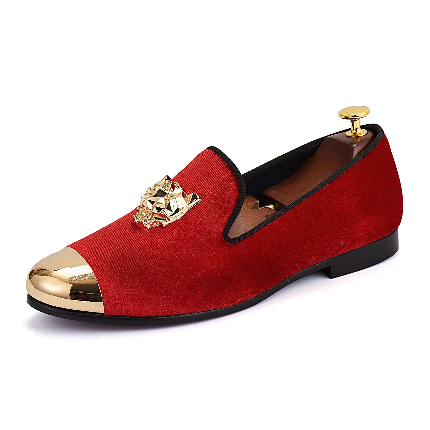 Harpelunde Animal Buckle Men Wedding Red Velvet Gold Cap Toe Loafers