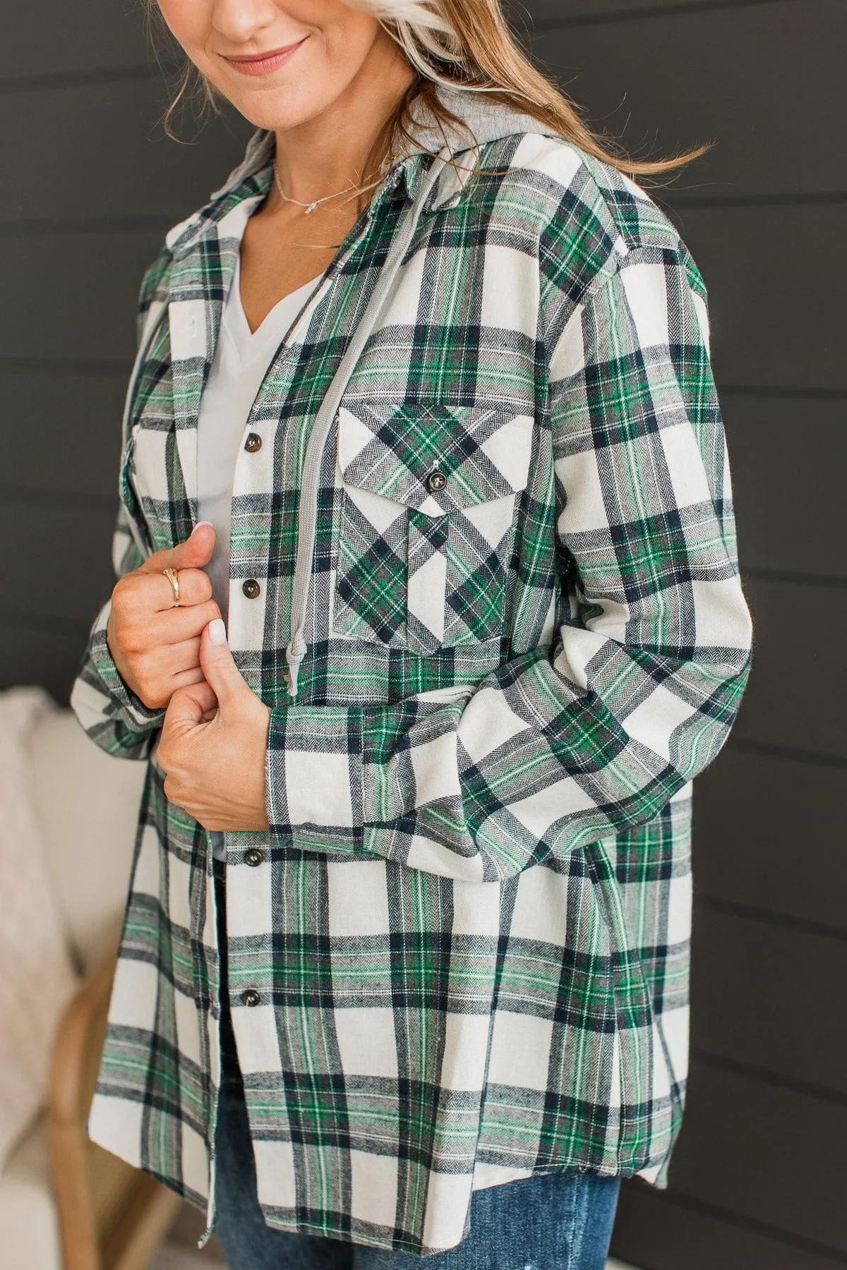 Heartfelt Serenades Hooded Plaid Top- Cream & Green