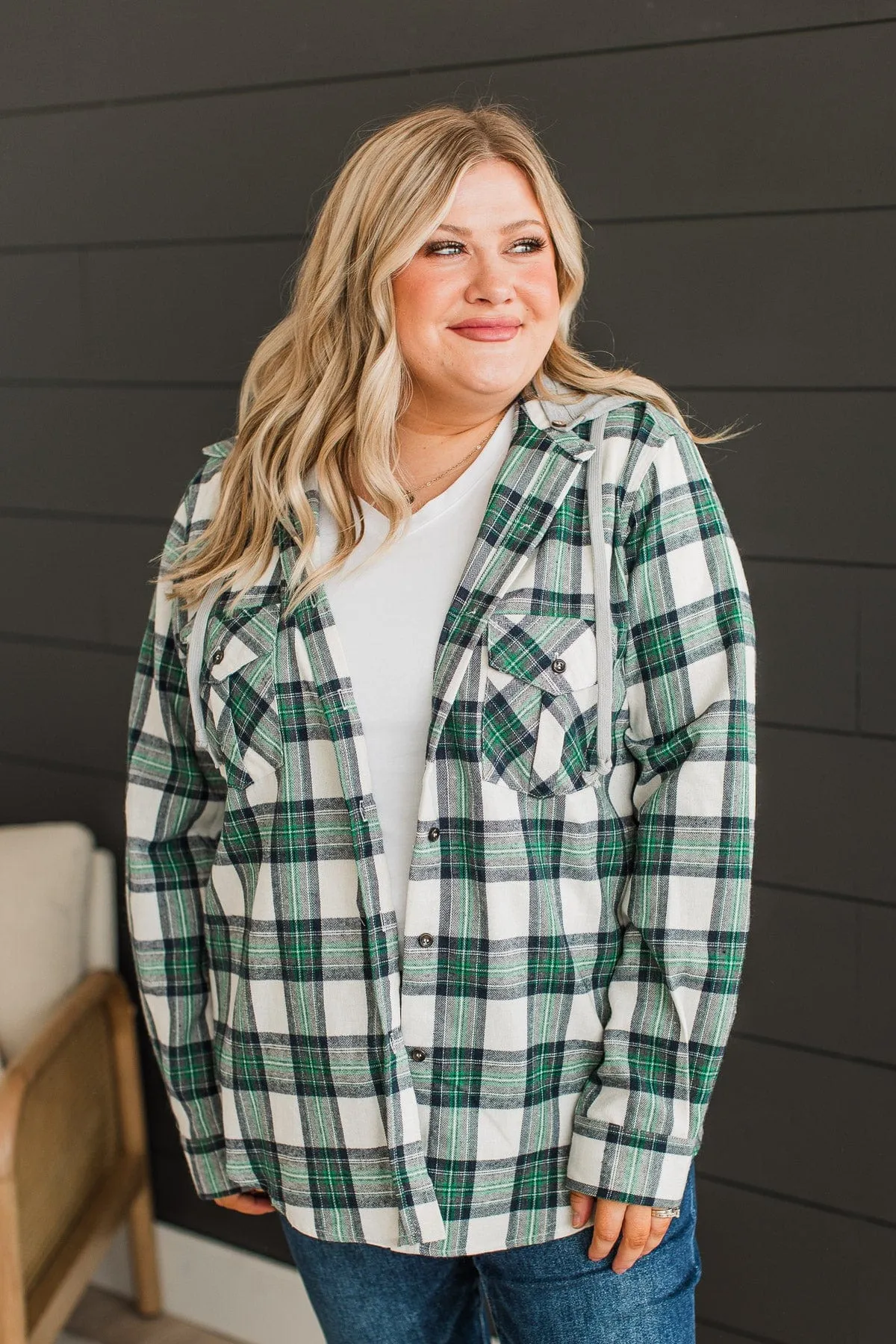 Heartfelt Serenades Hooded Plaid Top- Cream & Green