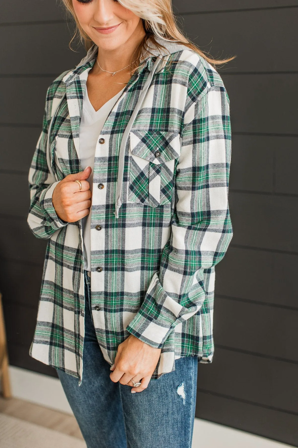 Heartfelt Serenades Hooded Plaid Top- Cream & Green