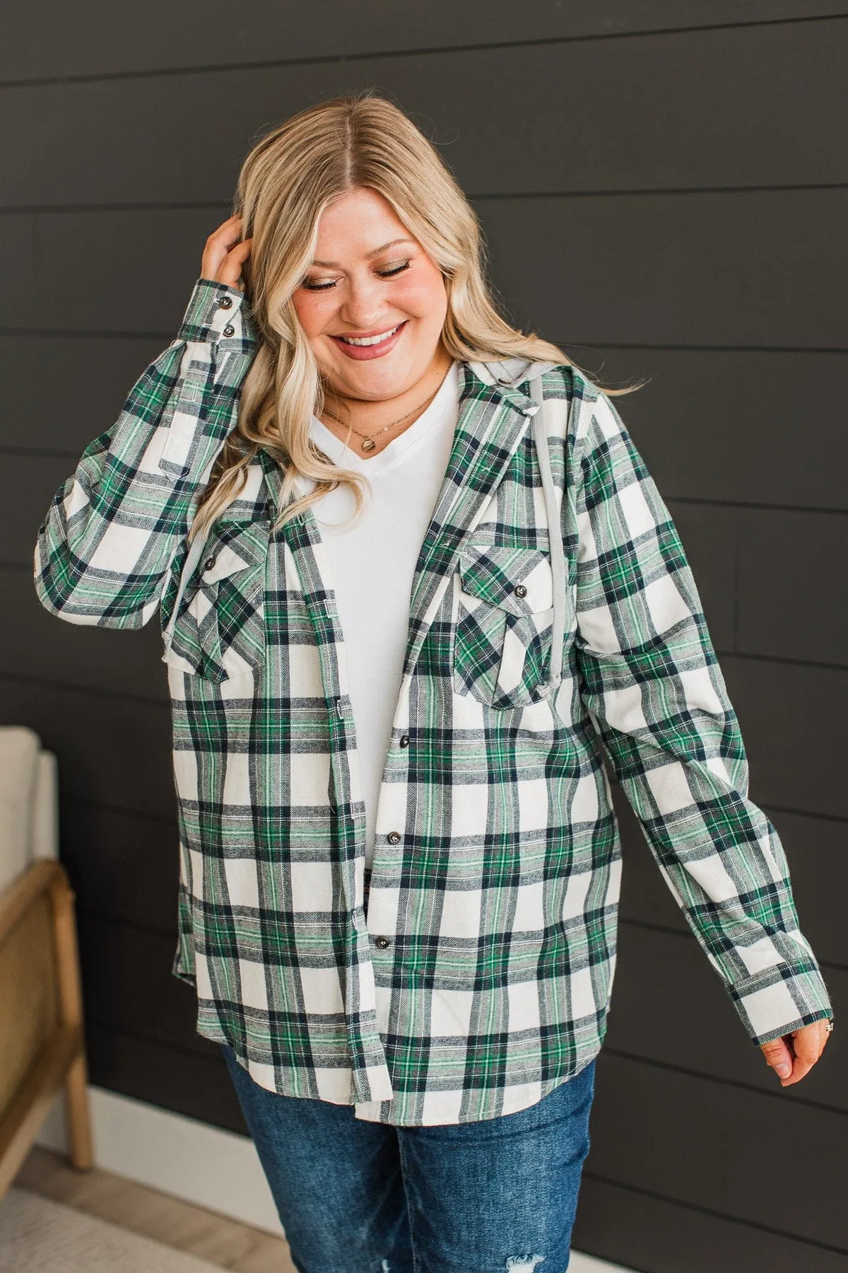 Heartfelt Serenades Hooded Plaid Top- Cream & Green