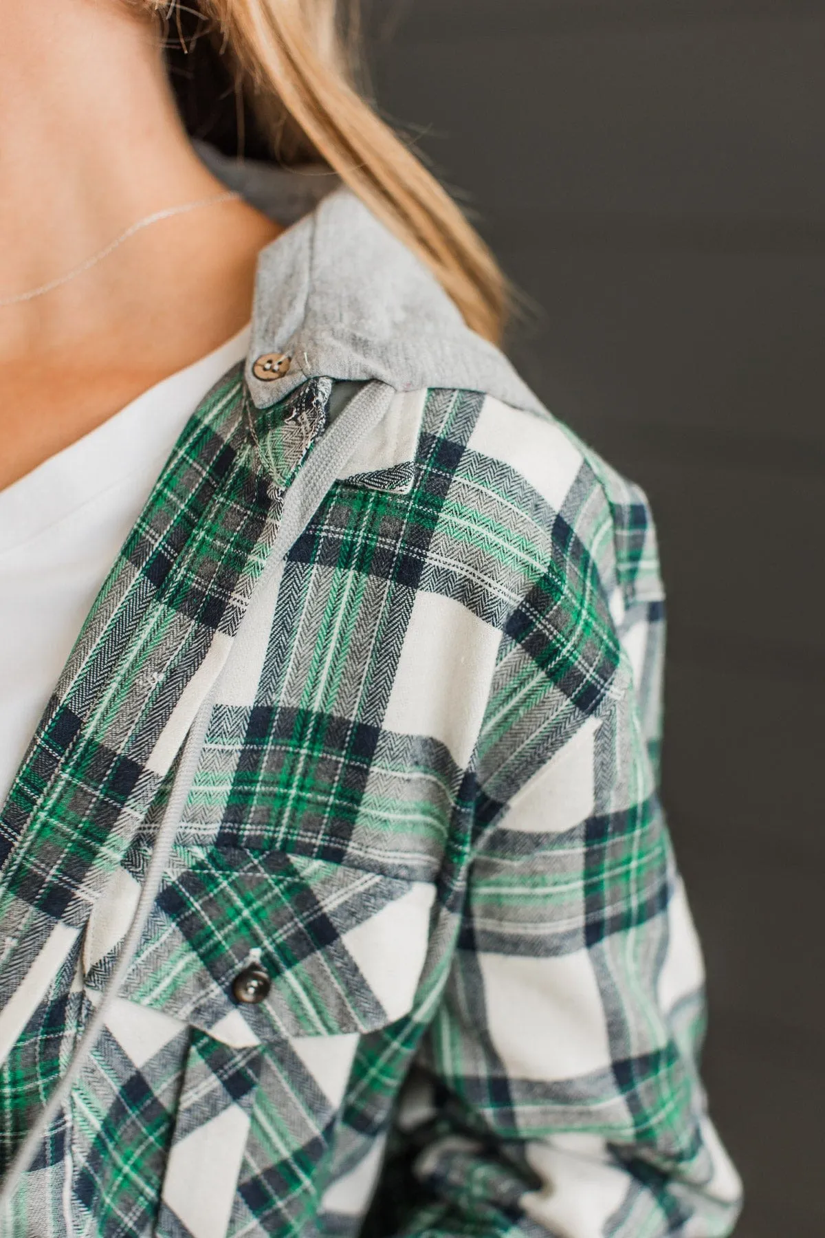 Heartfelt Serenades Hooded Plaid Top- Cream & Green