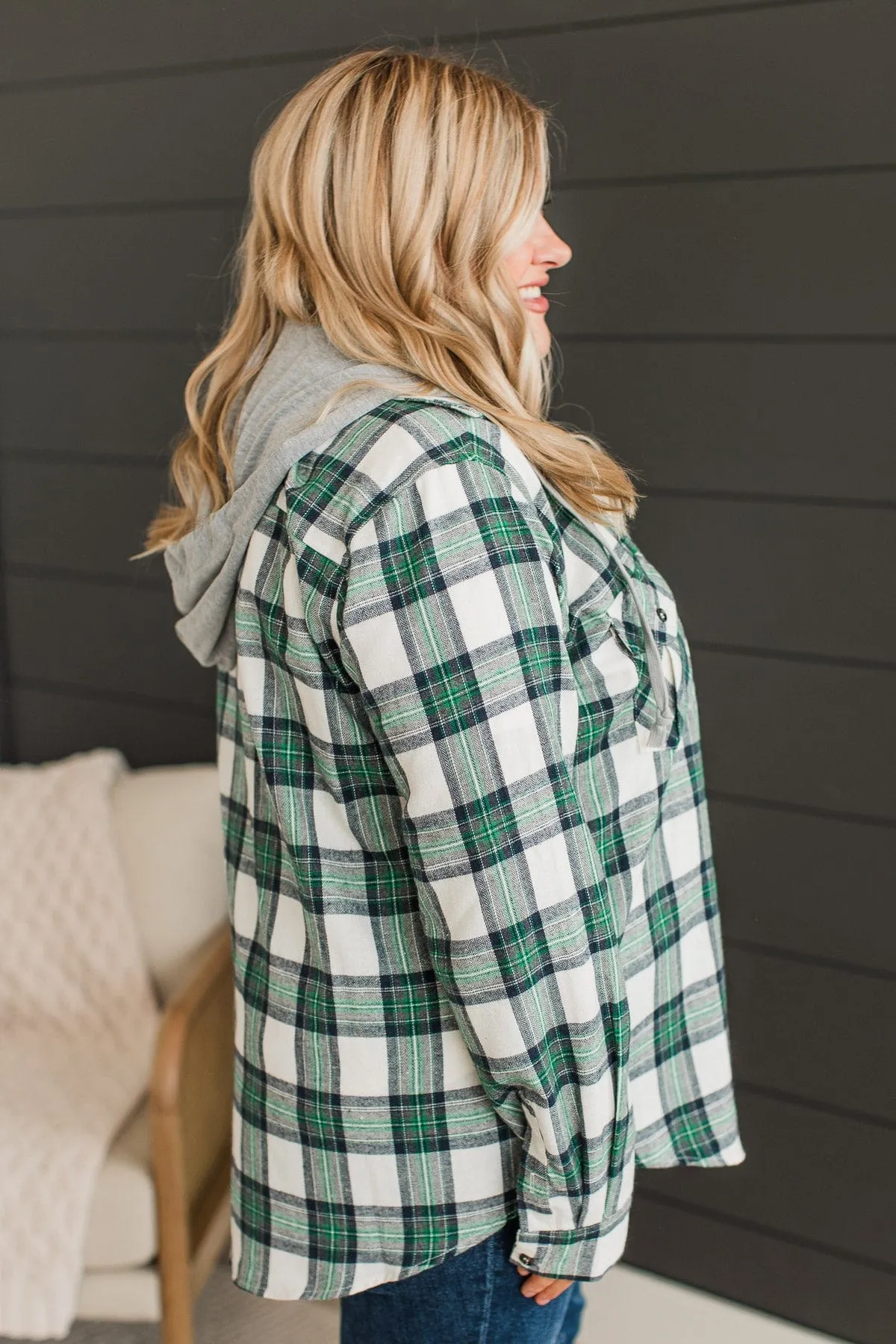 Heartfelt Serenades Hooded Plaid Top- Cream & Green