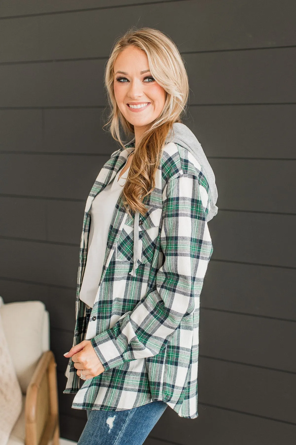 Heartfelt Serenades Hooded Plaid Top- Cream & Green