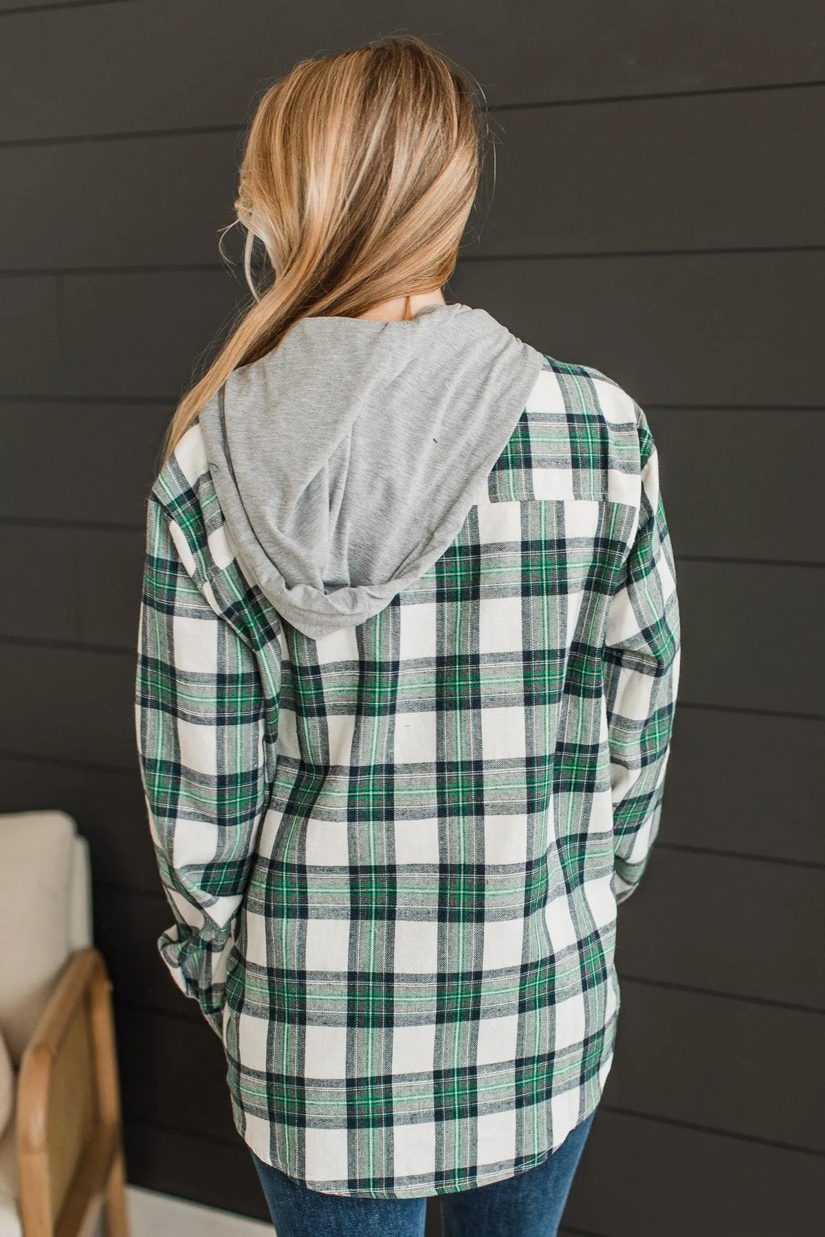 Heartfelt Serenades Hooded Plaid Top- Cream & Green