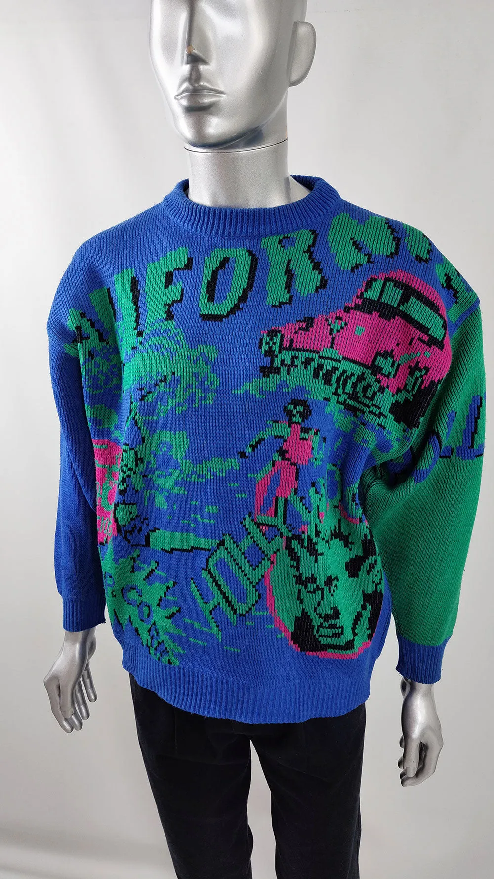 Hollywood California Vintage Mens Pop Art Blue Knit Sweater, 1980s