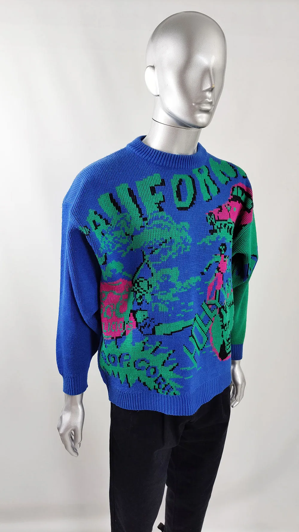 Hollywood California Vintage Mens Pop Art Blue Knit Sweater, 1980s