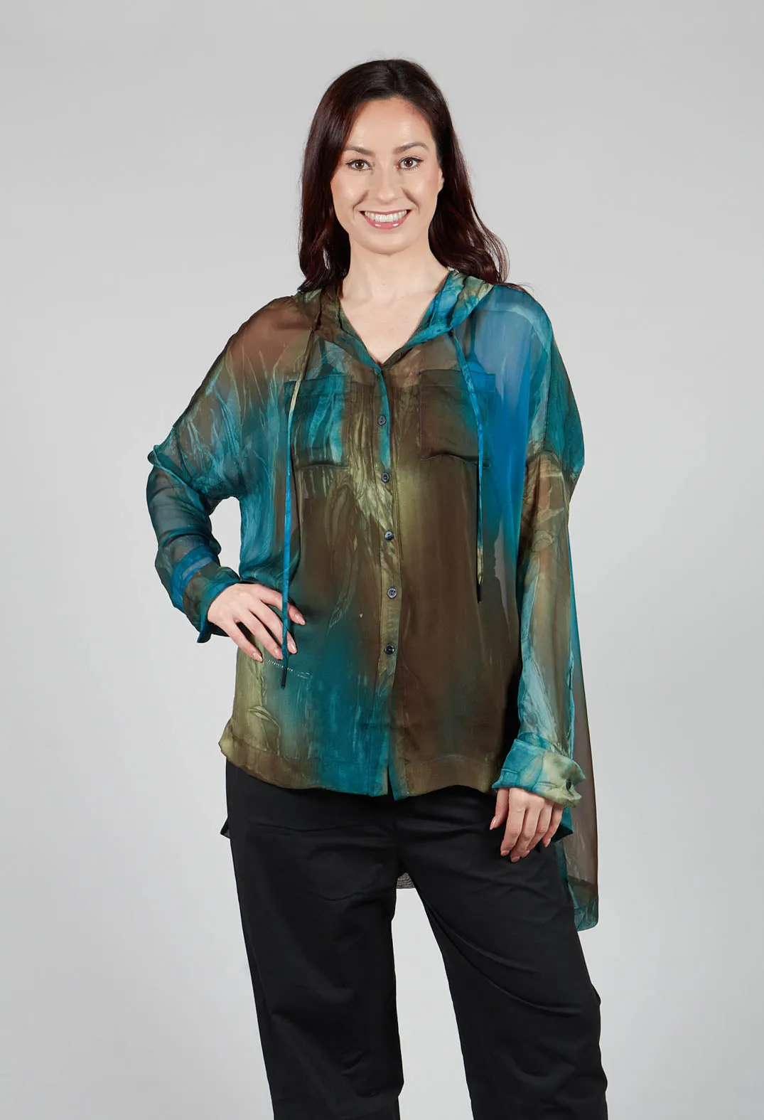 Hooded Silk Shirt in Petrol Print