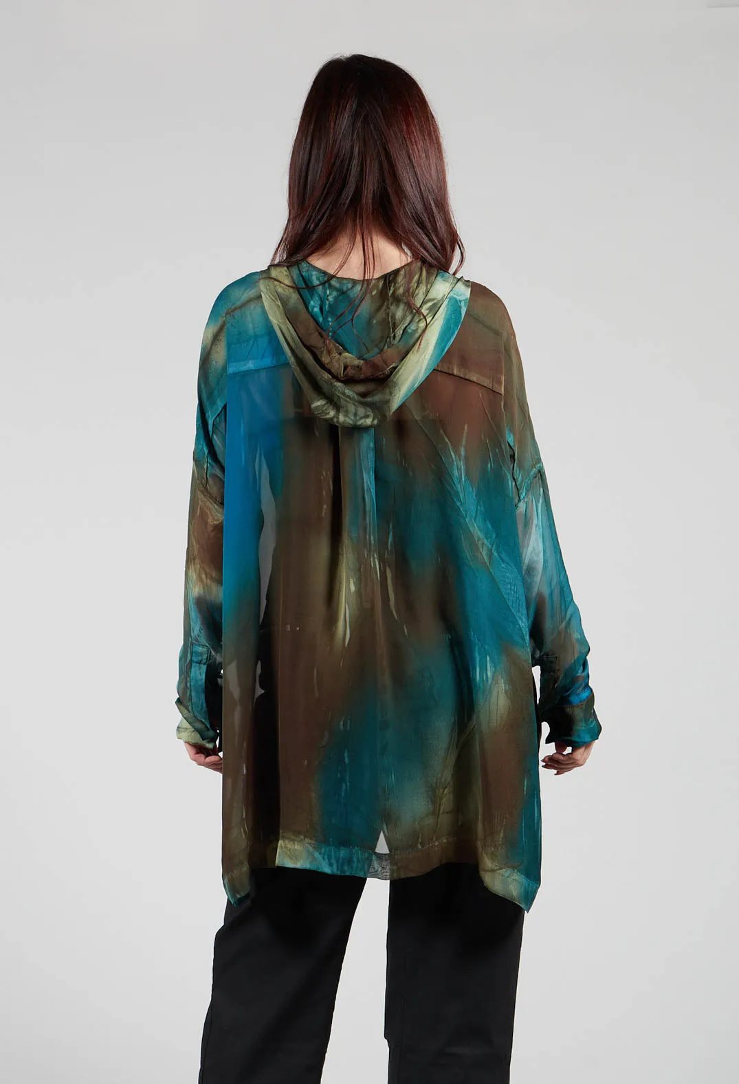 Hooded Silk Shirt in Petrol Print