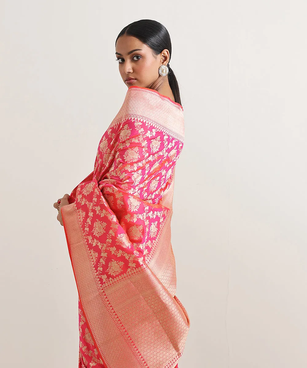 Hot Pink Double Shade Handloom Pure Katan Silk Banarasi Saree With Zari Jaal