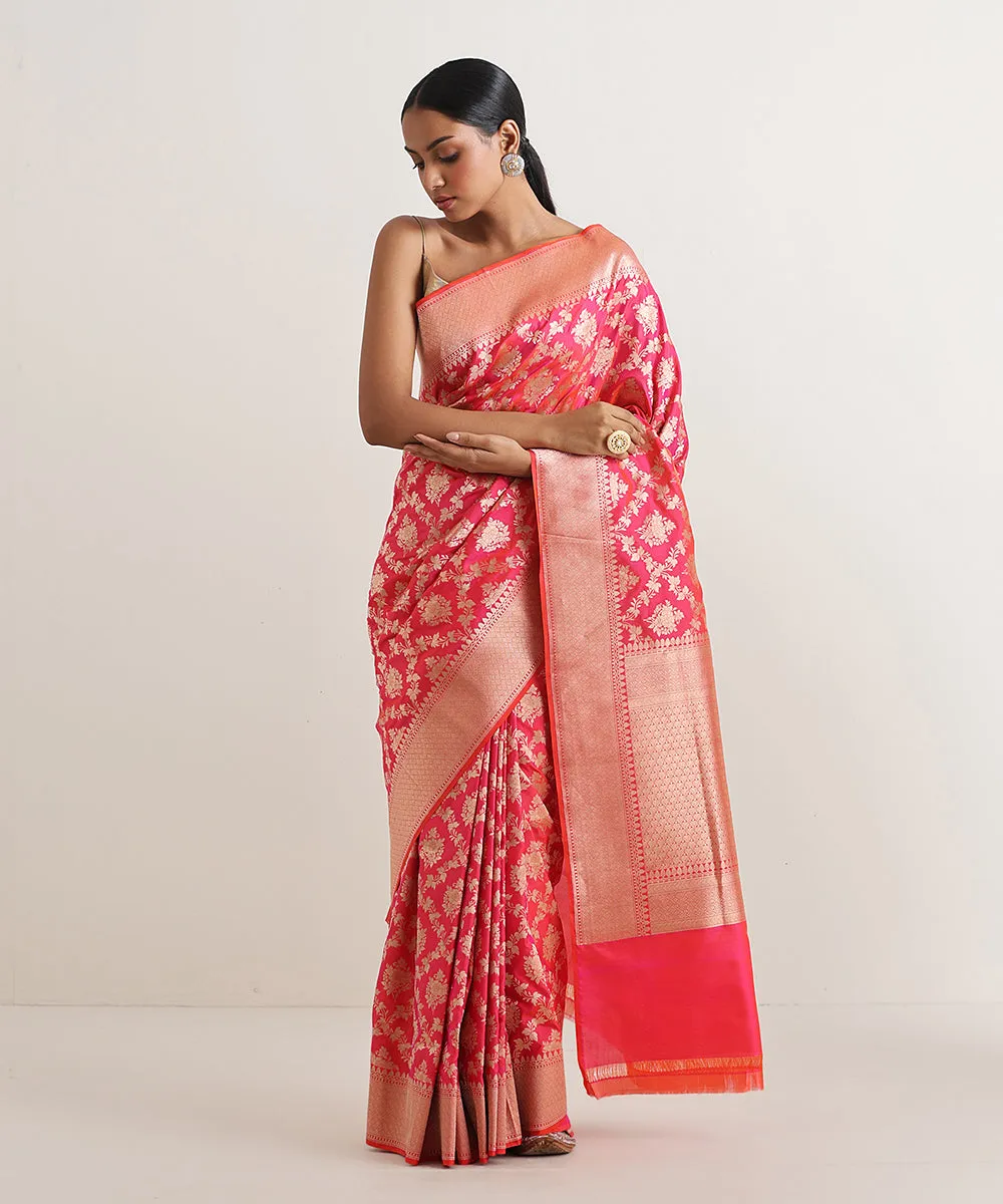 Hot Pink Double Shade Handloom Pure Katan Silk Banarasi Saree With Zari Jaal