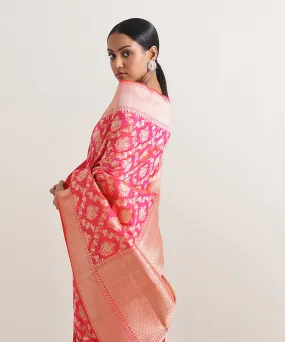 Hot Pink Double Shade Handloom Pure Katan Silk Banarasi Saree With Zari Jaal