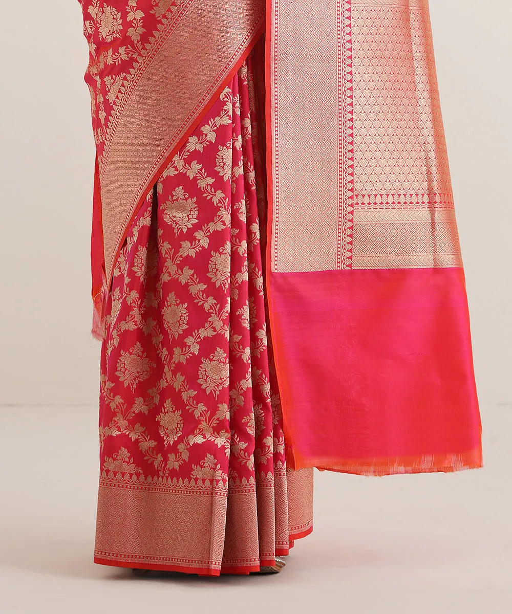 Hot Pink Double Shade Handloom Pure Katan Silk Banarasi Saree With Zari Jaal