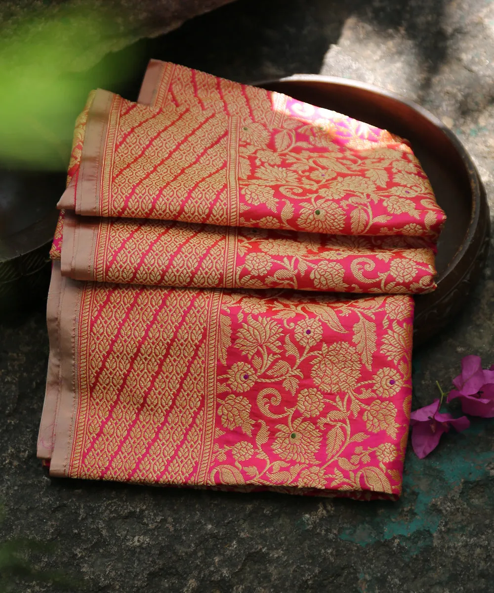 Hot Pink Double Shade Handloom Pure Katan Silk Kimkhab Banarasi Dupatta With Meenakari