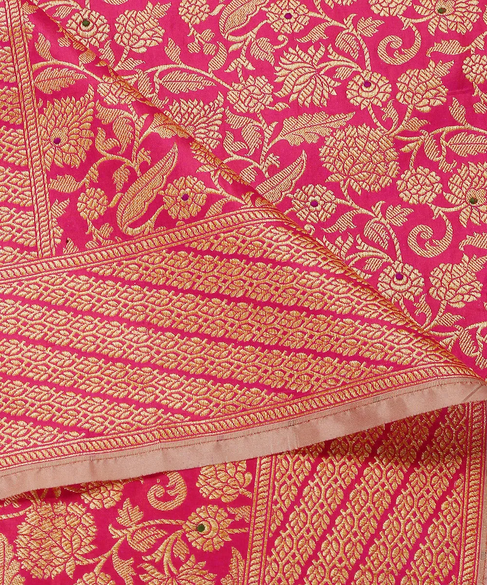 Hot Pink Double Shade Handloom Pure Katan Silk Kimkhab Banarasi Dupatta With Meenakari