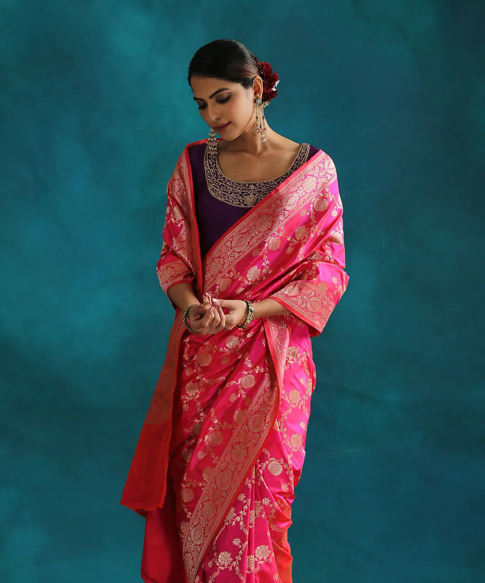 Hot Pink Handloom Double Shade Pure Katan Silk Banarasi Saree