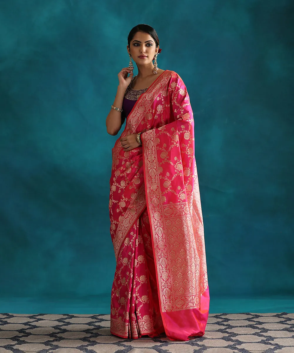 Hot Pink Handloom Double Shade Pure Katan Silk Banarasi Saree