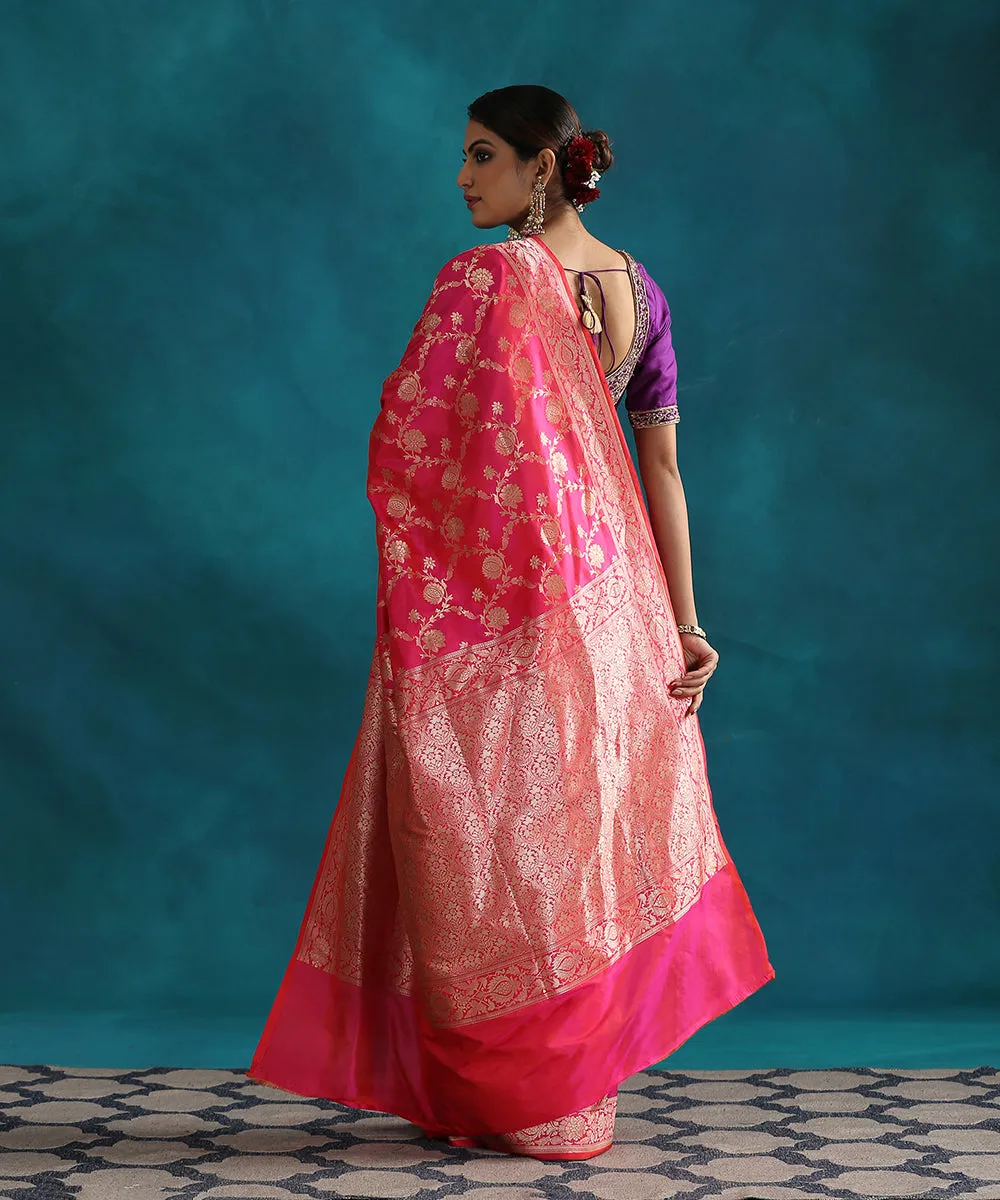 Hot Pink Handloom Double Shade Pure Katan Silk Banarasi Saree