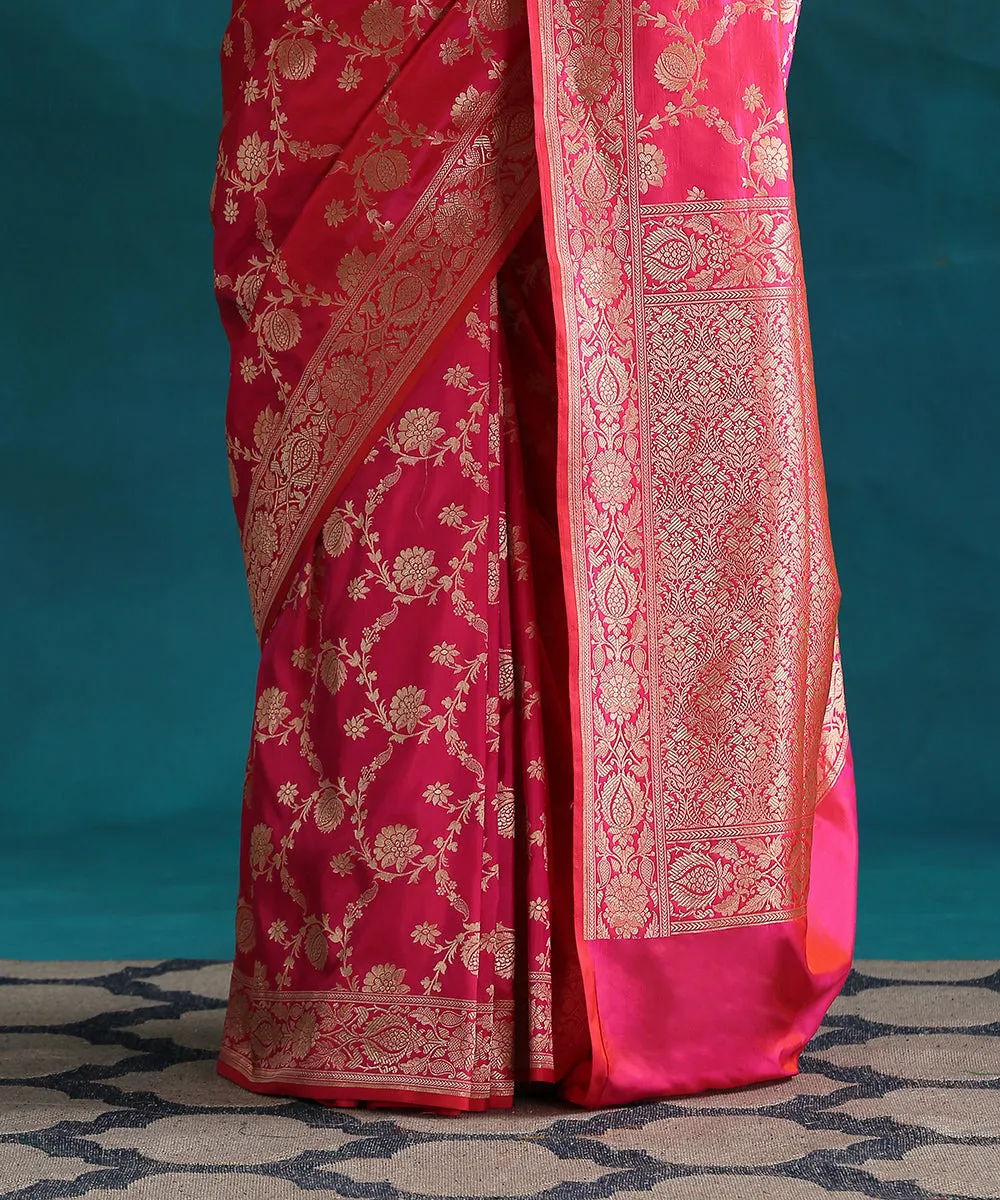 Hot Pink Handloom Double Shade Pure Katan Silk Banarasi Saree