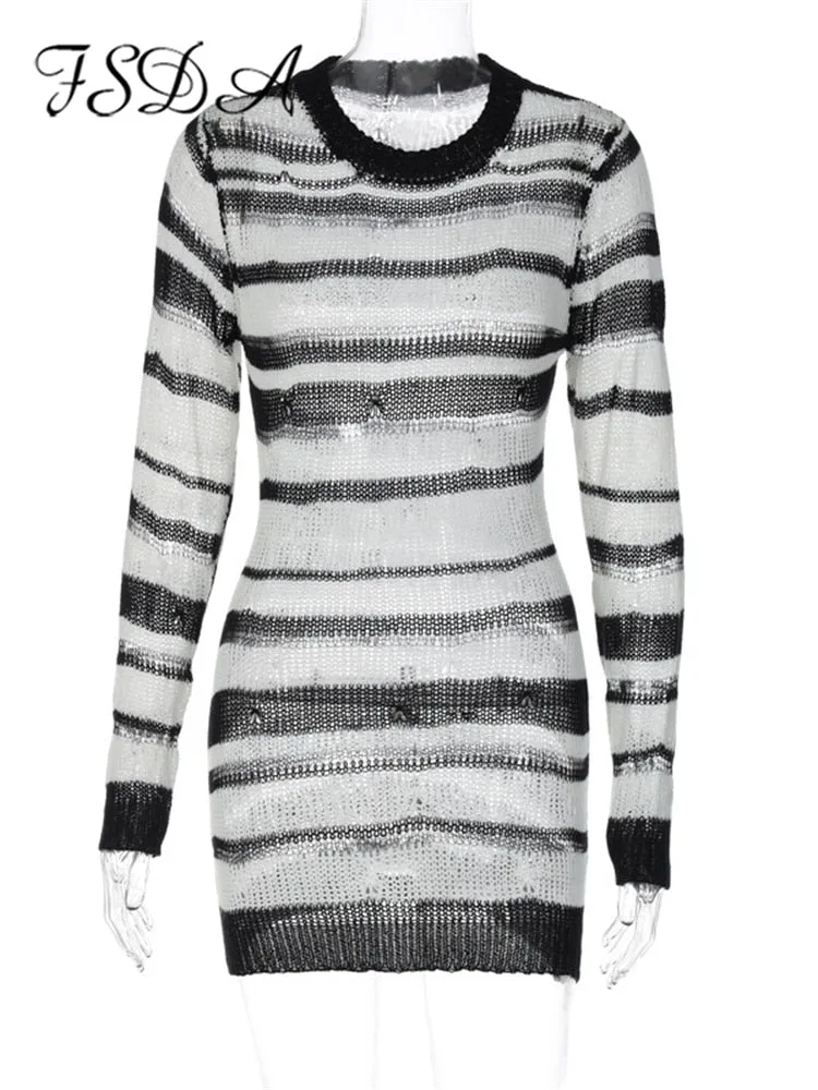 Knitted Striped Long Sleeve Bodycon Mini Dress Women Autumn Winter Pullover Sweater Dress Casual Party Club Outfits