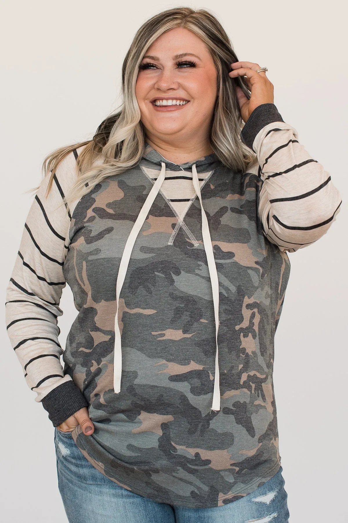 Look Alive Color Block Hooded Top- Oatmeal & Camo