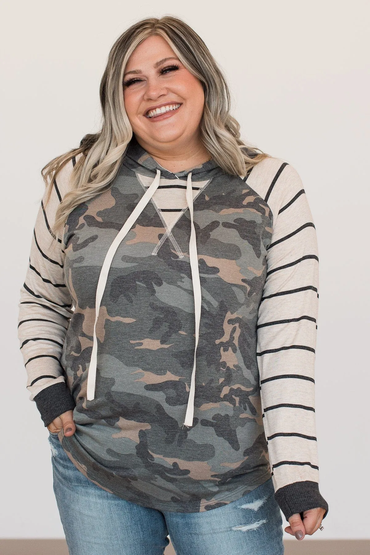 Look Alive Color Block Hooded Top- Oatmeal & Camo