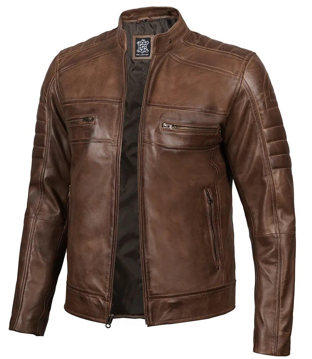 Men's Distressed Coffee Brown Leather Cafe Racer Jacket