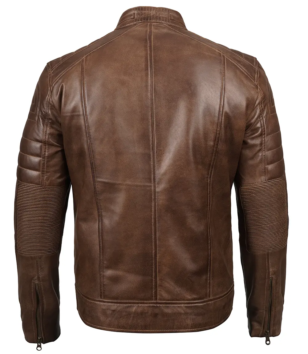 Men's Distressed Coffee Brown Leather Cafe Racer Jacket