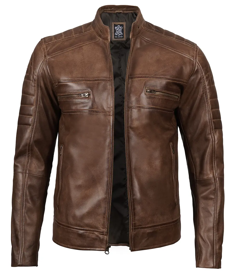 Men's Distressed Coffee Brown Leather Cafe Racer Jacket