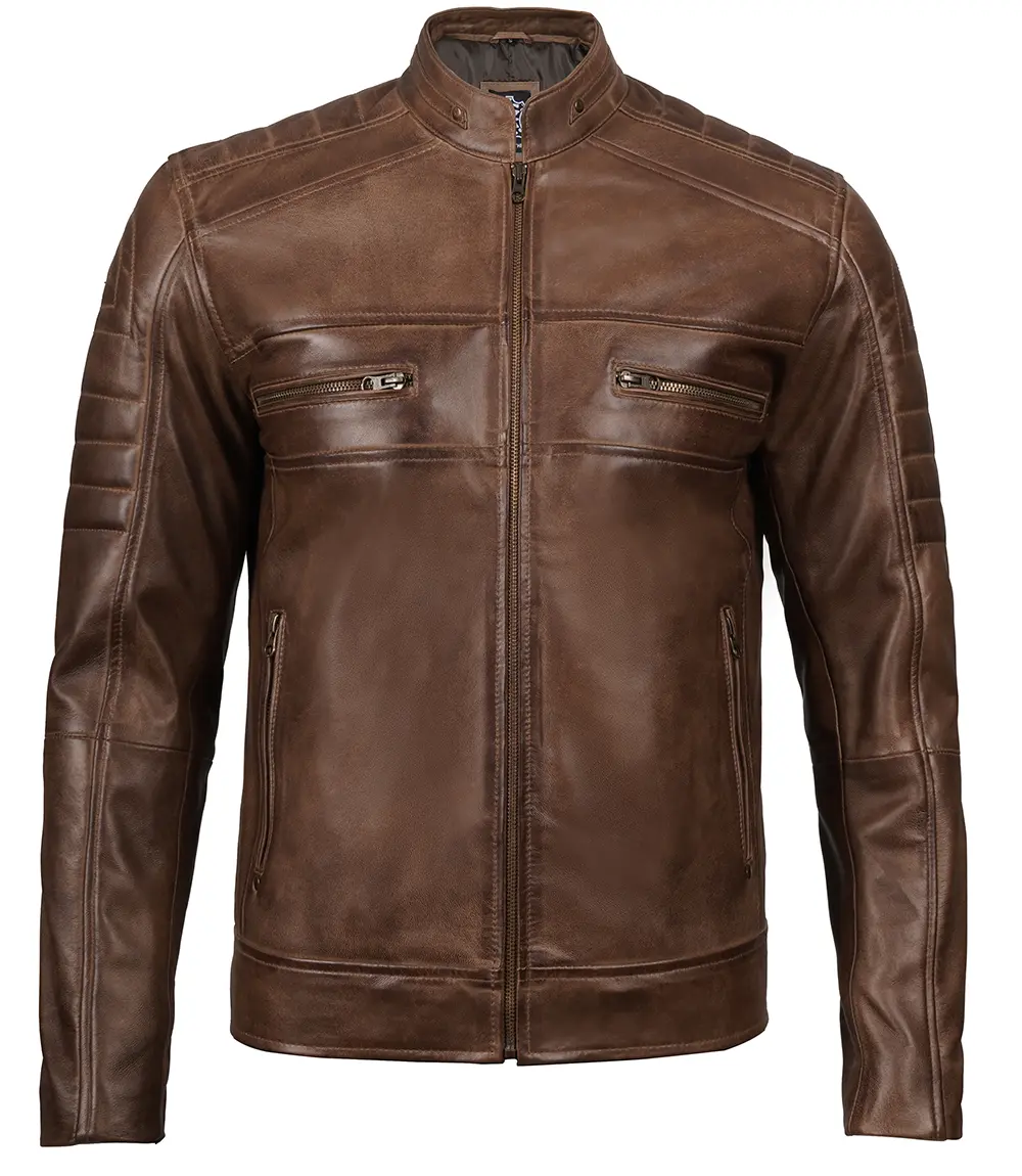 Men's Distressed Coffee Brown Leather Cafe Racer Jacket