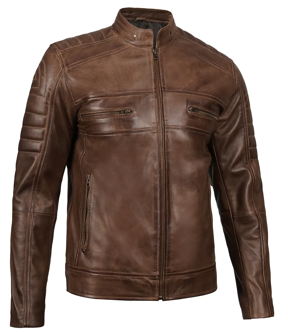 Men's Distressed Coffee Brown Leather Cafe Racer Jacket