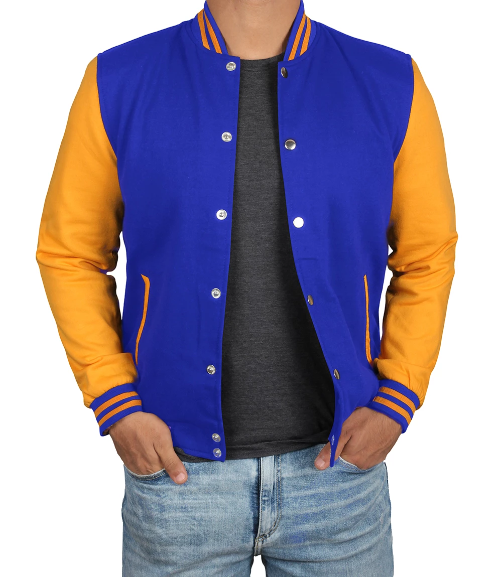 Men's Plain Blue and Yellow Varsity Letterman Jacket