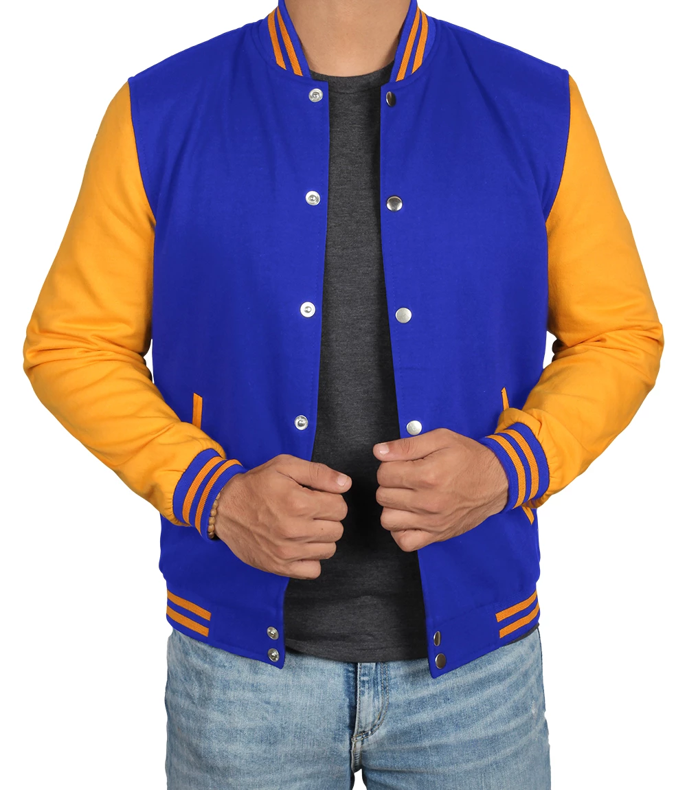 Men's Plain Blue and Yellow Varsity Letterman Jacket