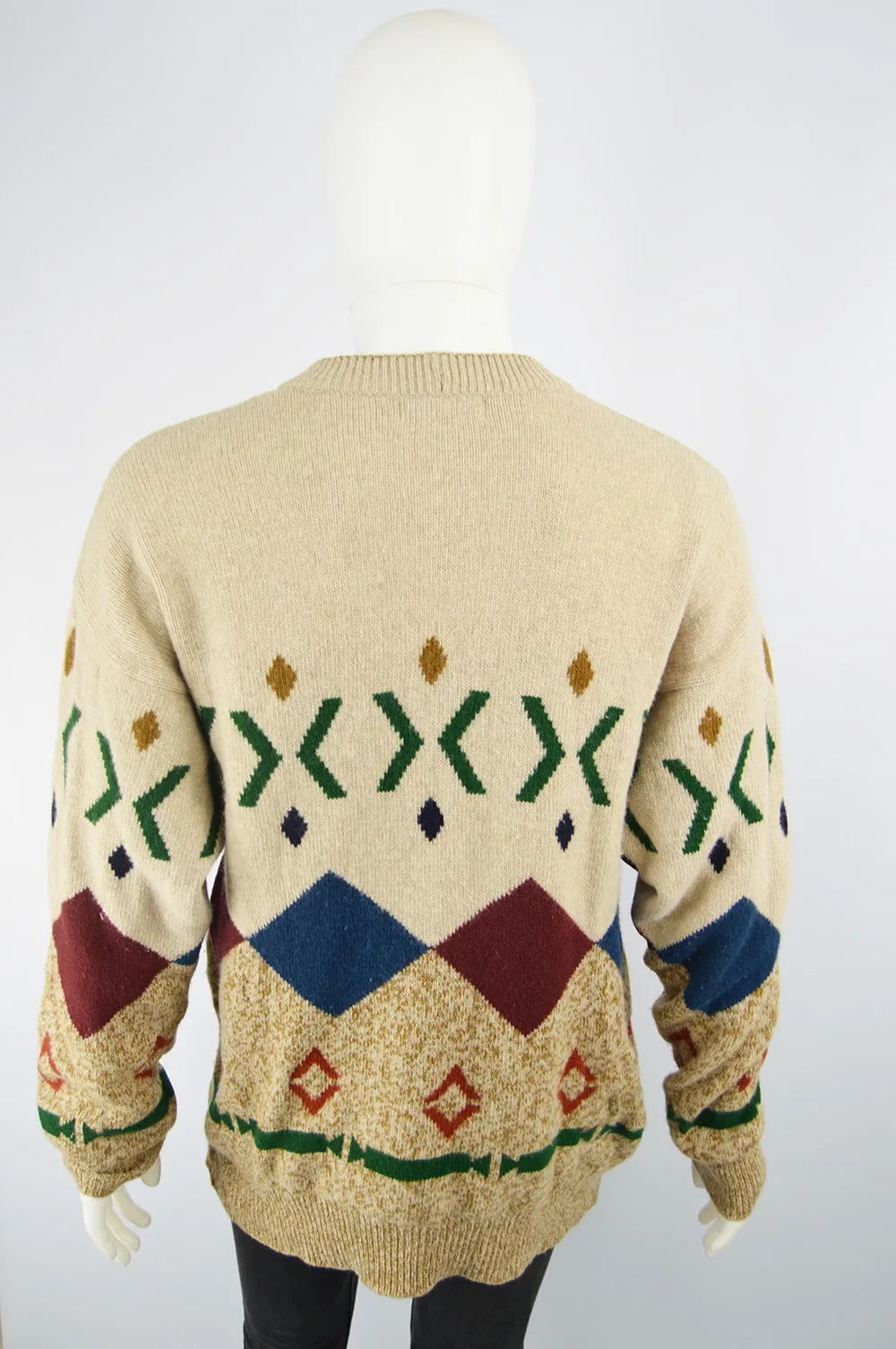 Men's Vintage Diamond Pattern Pure Italian Wool Sweater, 1990s