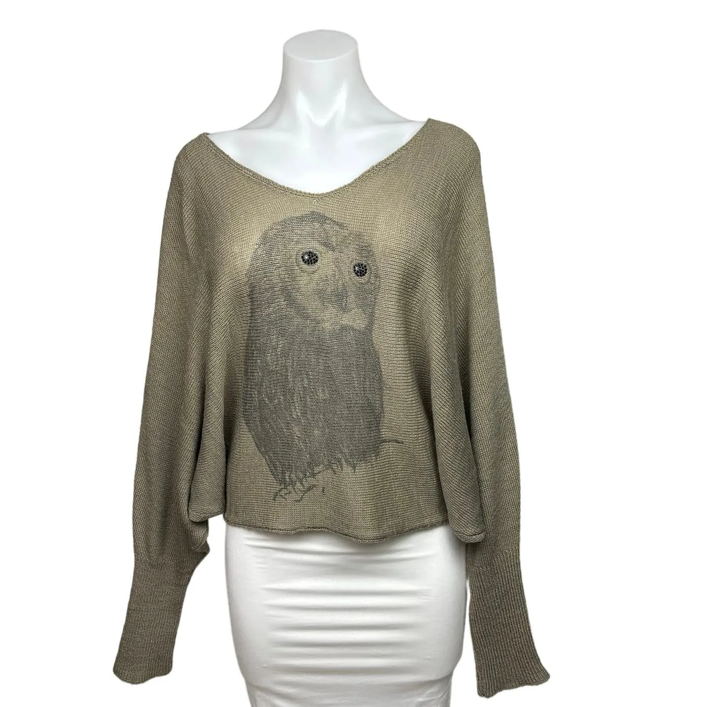 Millau Brown Tan Owl Print Beaded V-Neck Dolman Sleeve Pullover Sweater Top Sz S