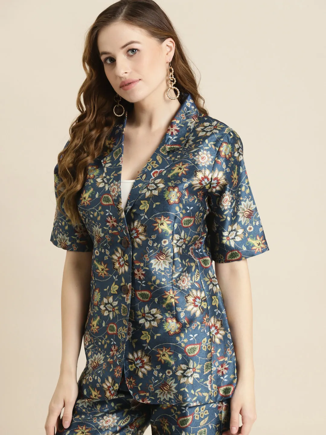 Navy Floral Short Sleeves Blazer