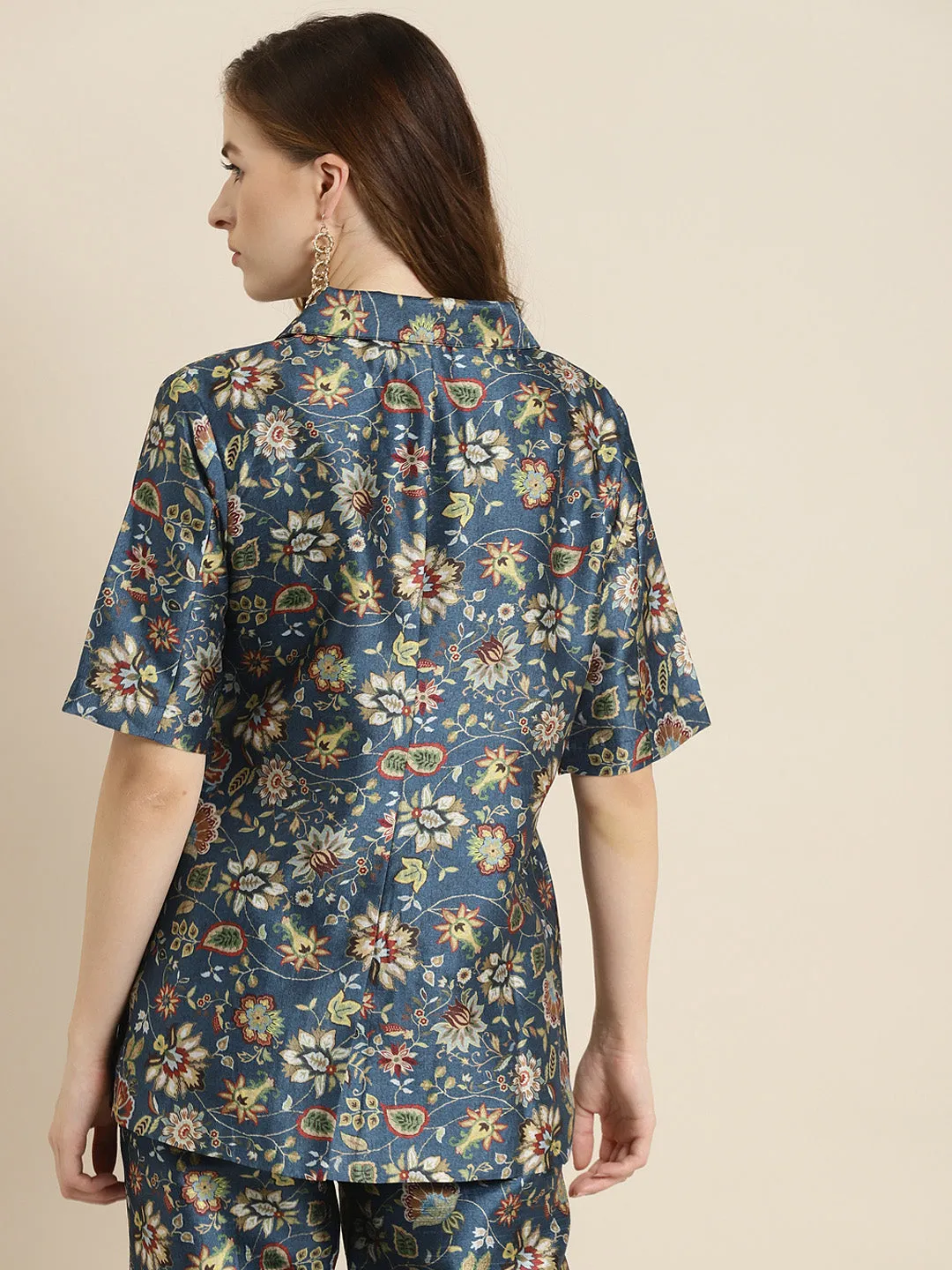 Navy Floral Short Sleeves Blazer