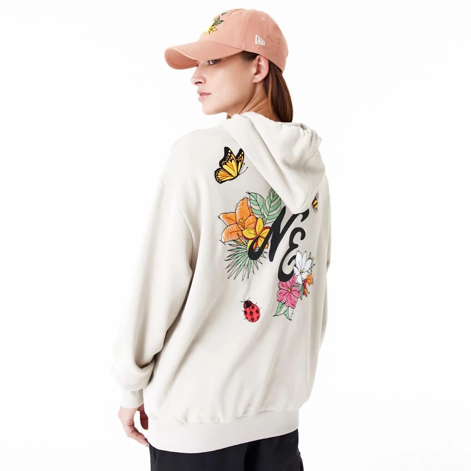 New Era Floral Graphic Stone Oversized Pullover Hoodie