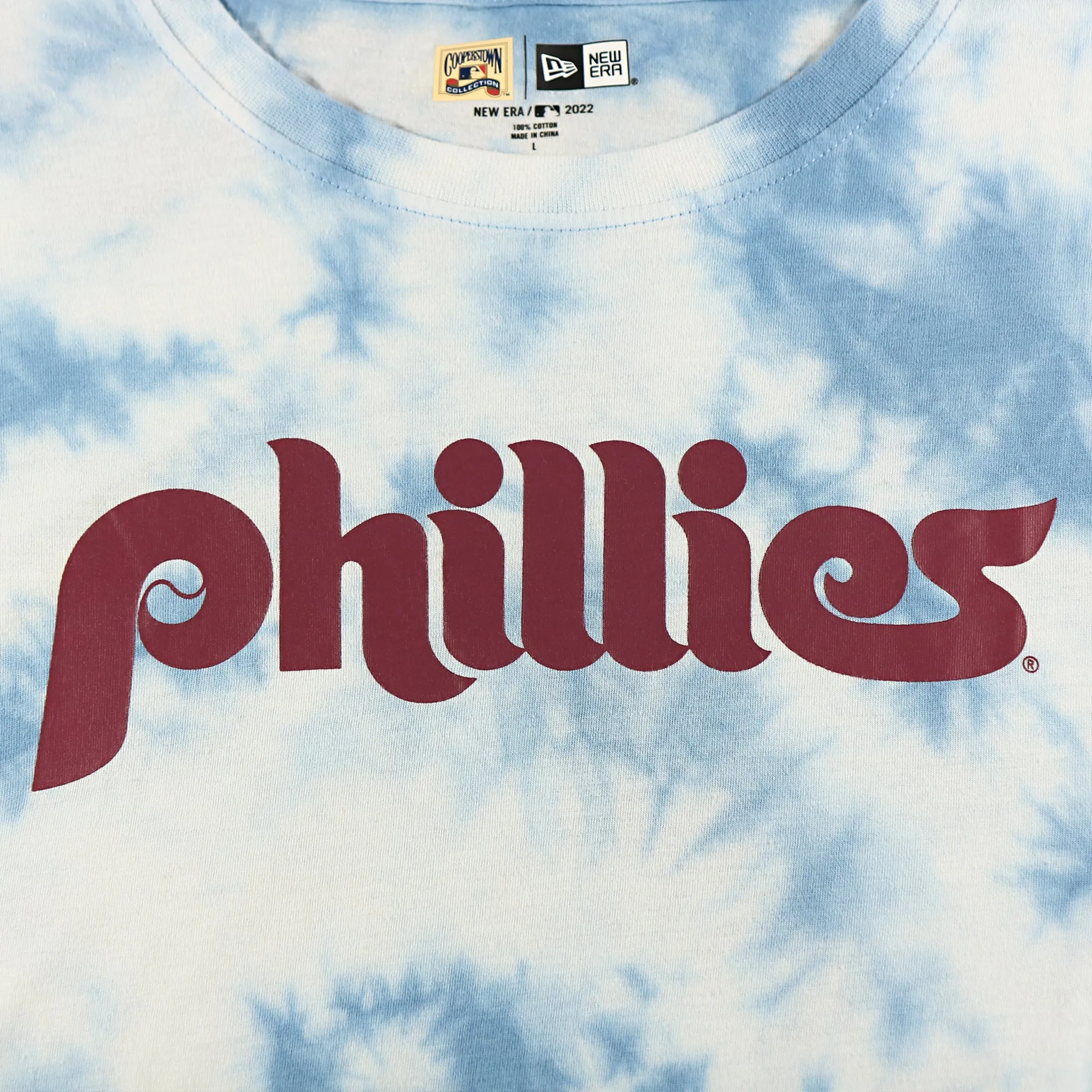 Philadelphia Phillies Cooperstown Phillies Wordmark Tie-Dye MLB T-Shirt | Columbia Blue Tie-Dye T-shirt