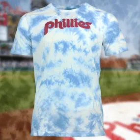 Philadelphia Phillies Cooperstown Phillies Wordmark Tie-Dye MLB T-Shirt | Columbia Blue Tie-Dye T-shirt