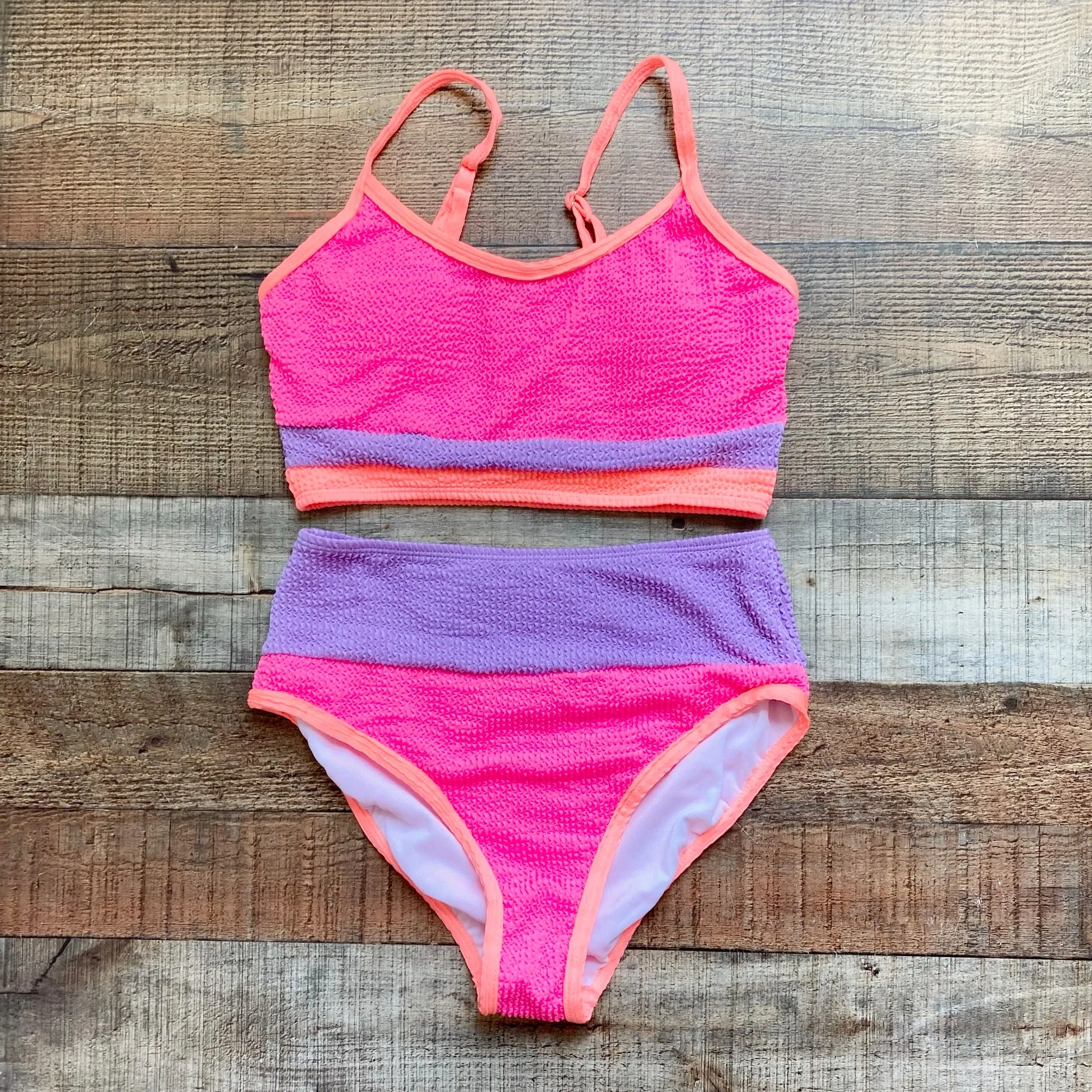 Pink Lily Hot Pink/Purple Color Block Textured High Waisted Bikini Bottoms NWOT- Size S (sold out online, we have matching top)