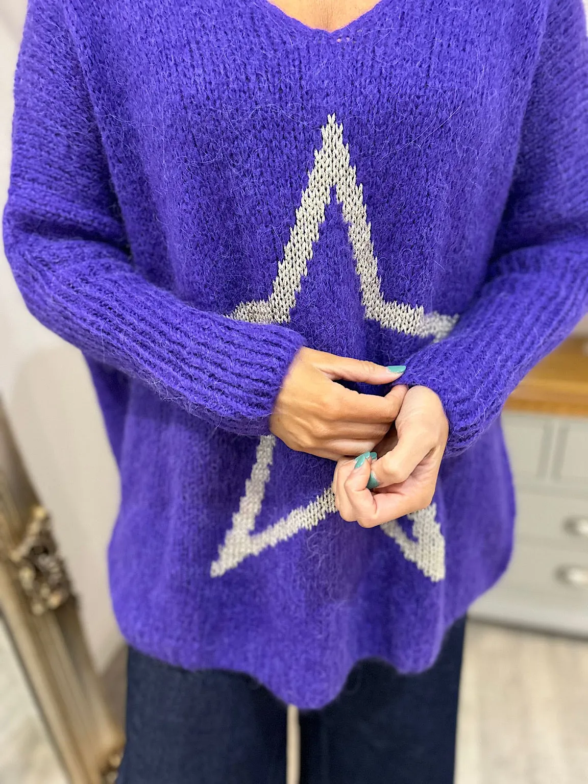 Purple V Neck Shimmer Star Knit Fiona