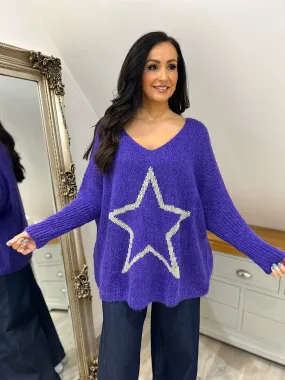 Purple V Neck Shimmer Star Knit Fiona