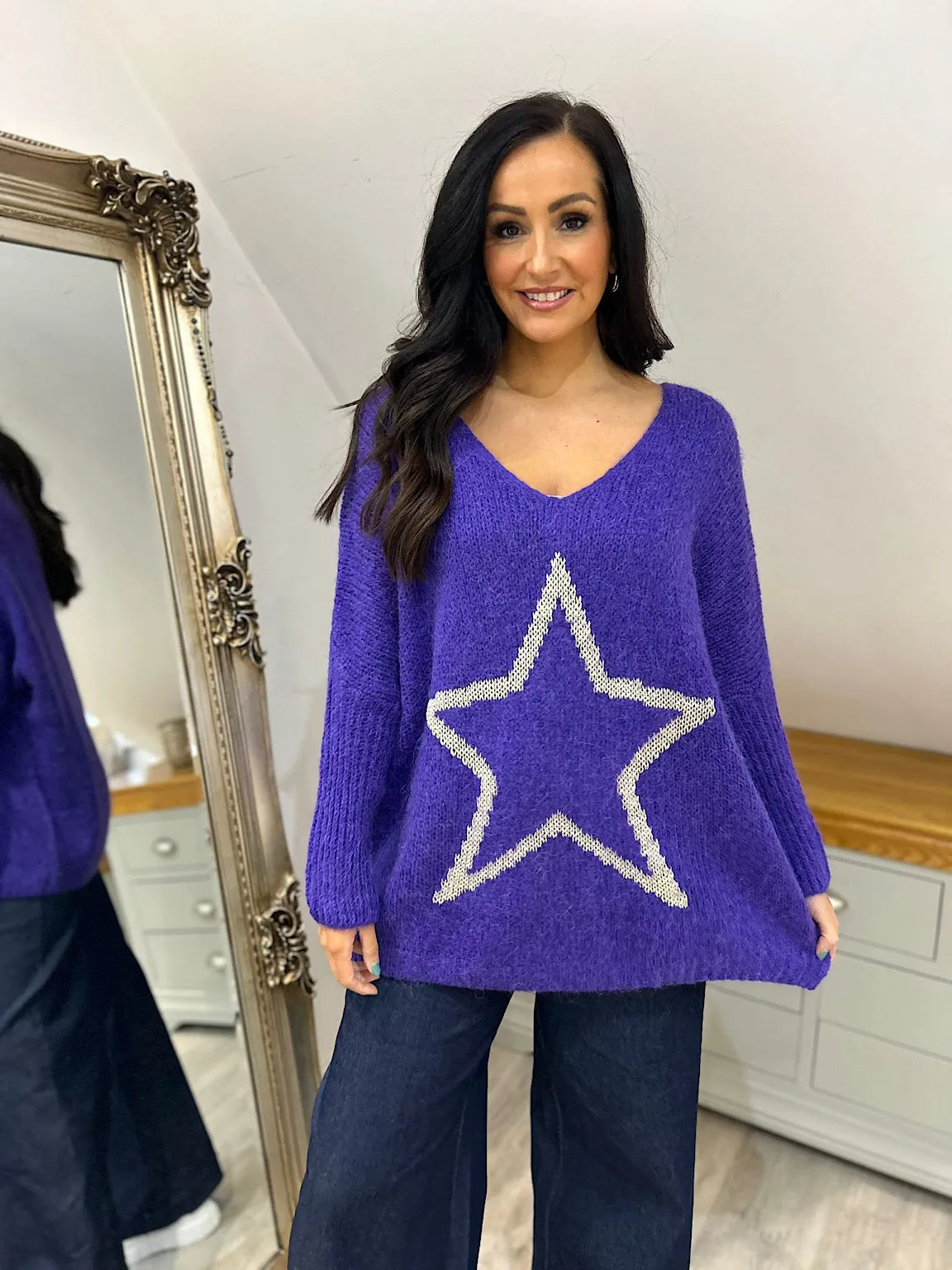 Purple V Neck Shimmer Star Knit Fiona