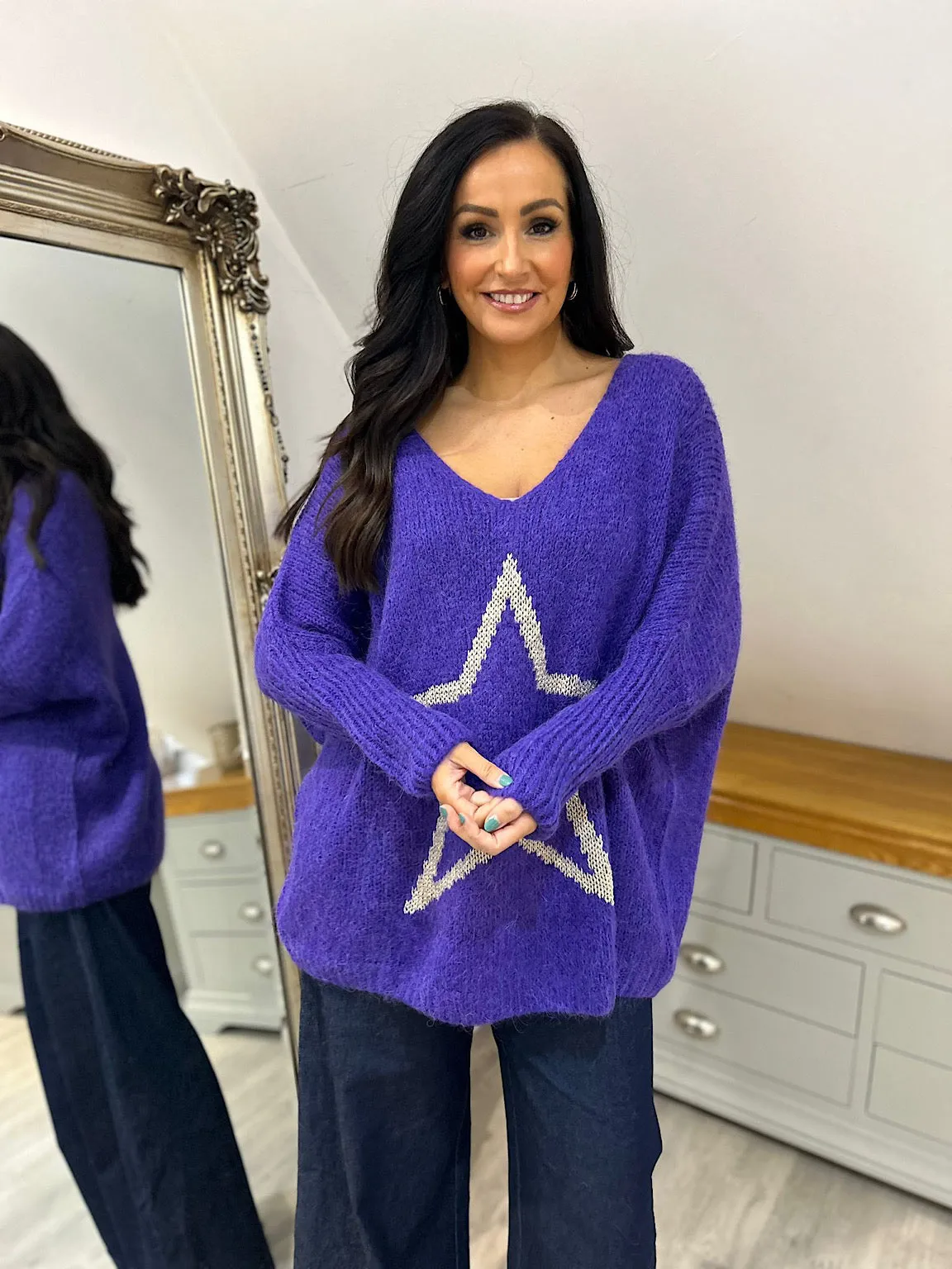 Purple V Neck Shimmer Star Knit Fiona