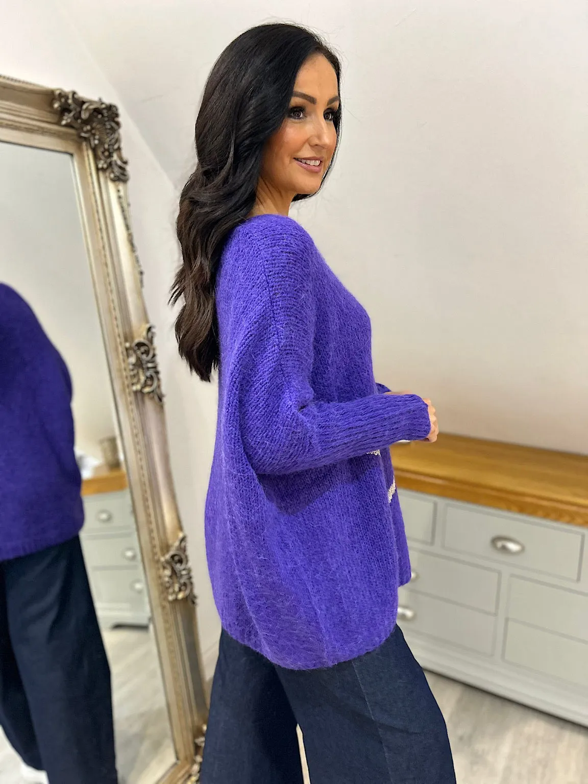 Purple V Neck Shimmer Star Knit Fiona