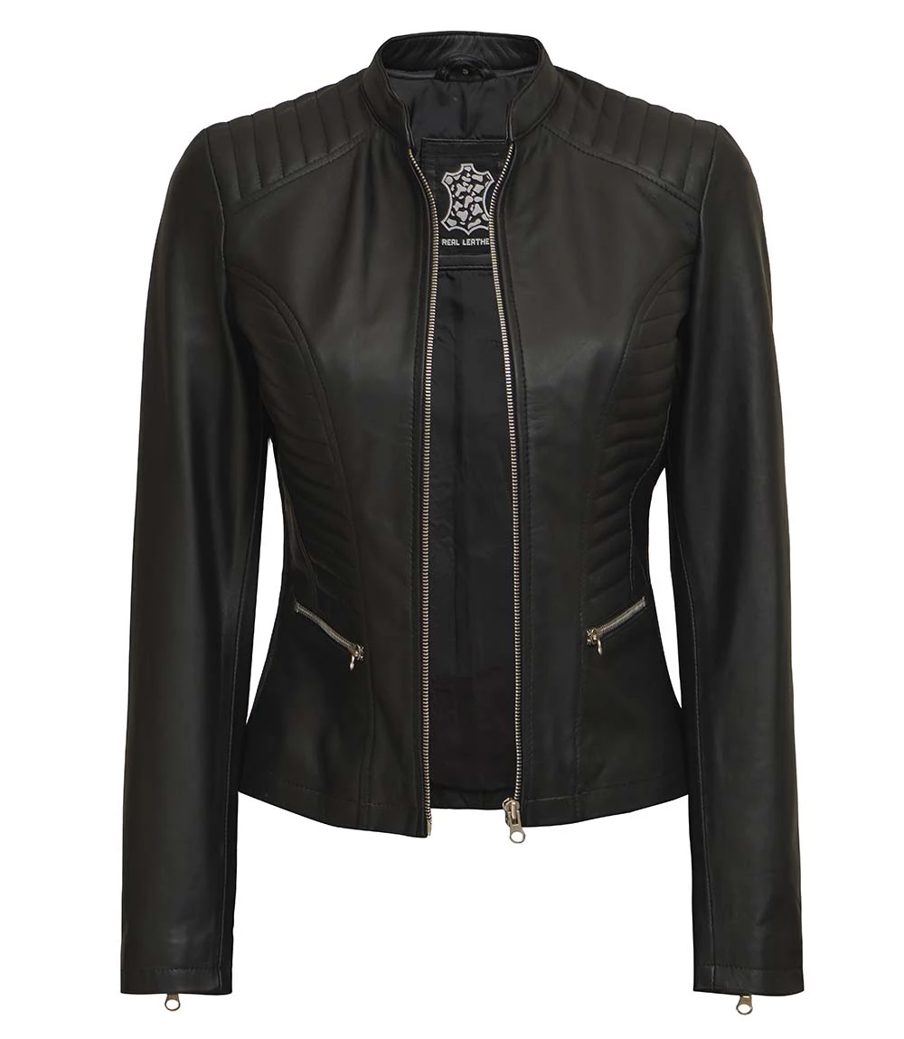 Rachel Women's Tall Black Cafe Racer Leather Jacket - Moto Style